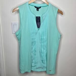 NWT TOMMY HILFIGER Sleeveless Aqua Vneck Pleated Mixed Media Top Size Large